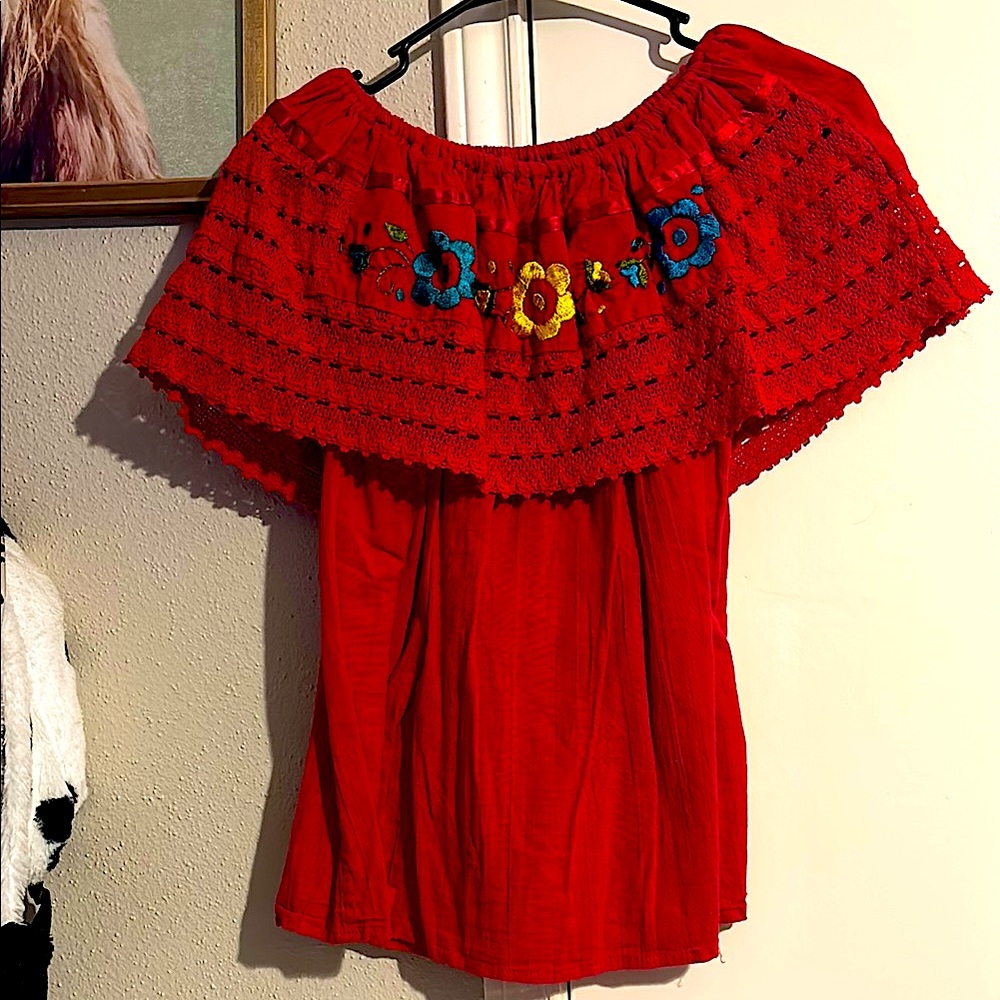 Embroidered Red Women's Top